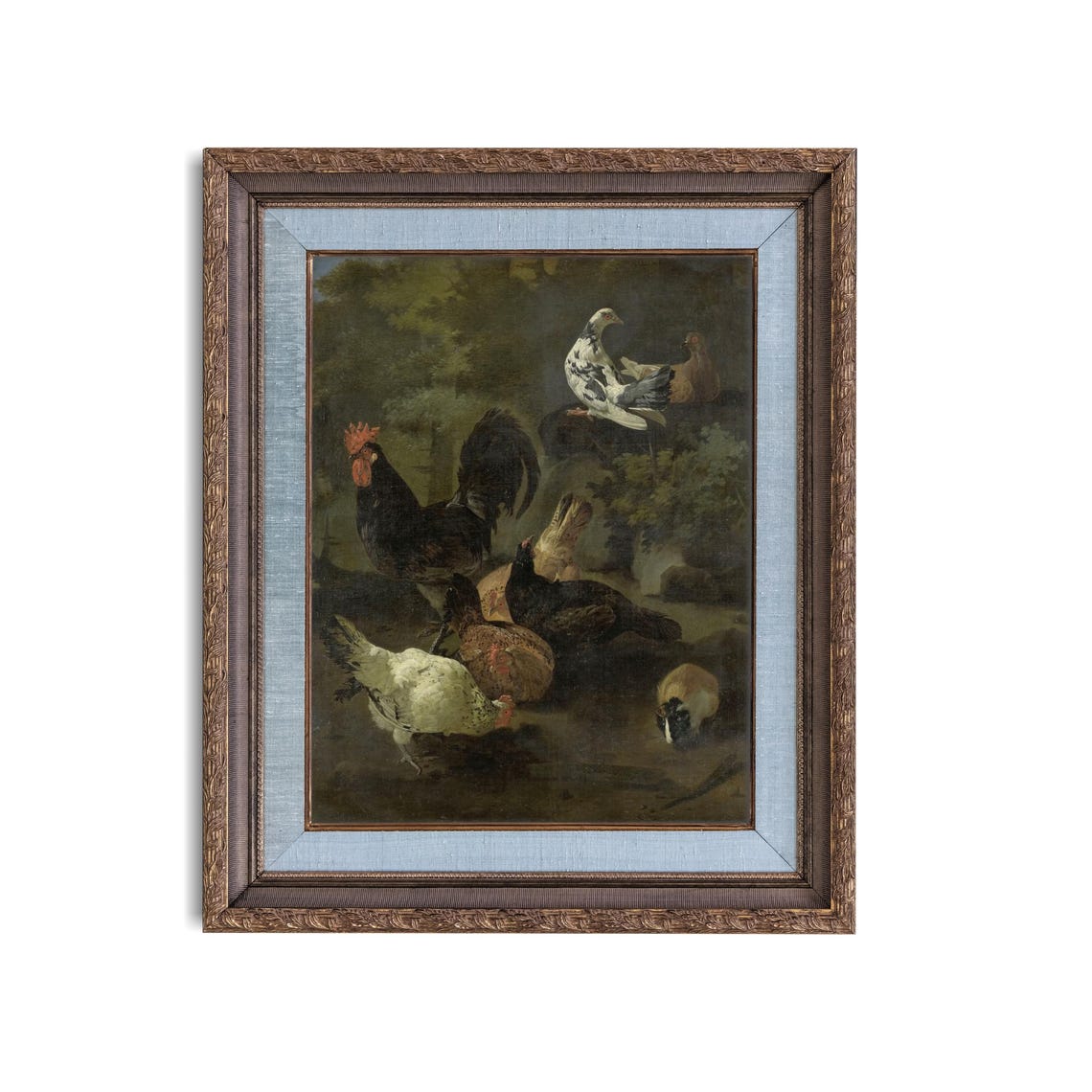 Black Rooster Hens Doves and a Guinea Pig in a Farmyard Poster - Image 4