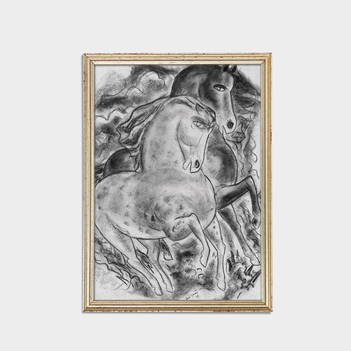 Bold Expressive Charcoal Sketch of Two Rearing Horses Art Poster - Image 2