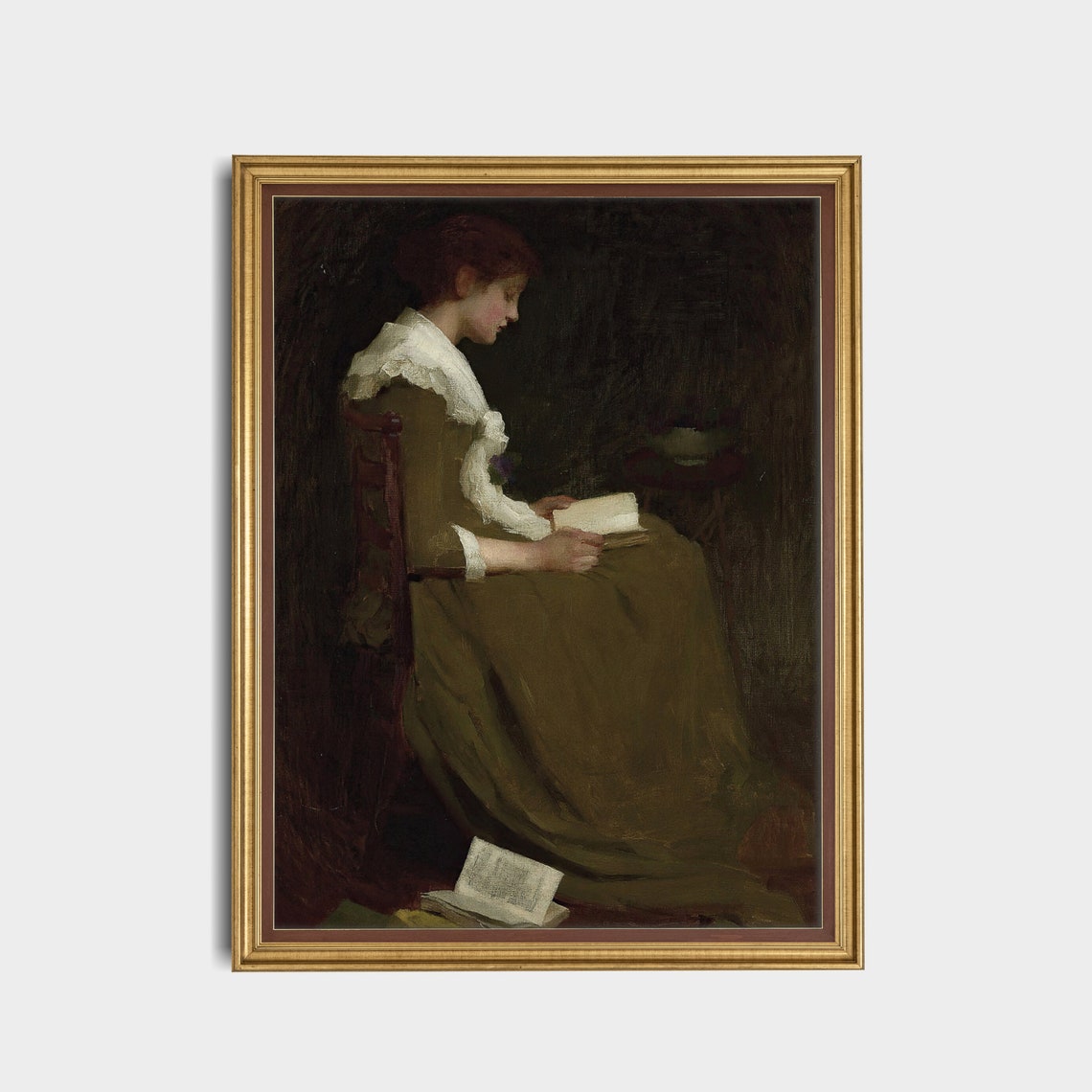 Woman in Green Dress Reading with Books Piled at Her Feet Poster - Image 2