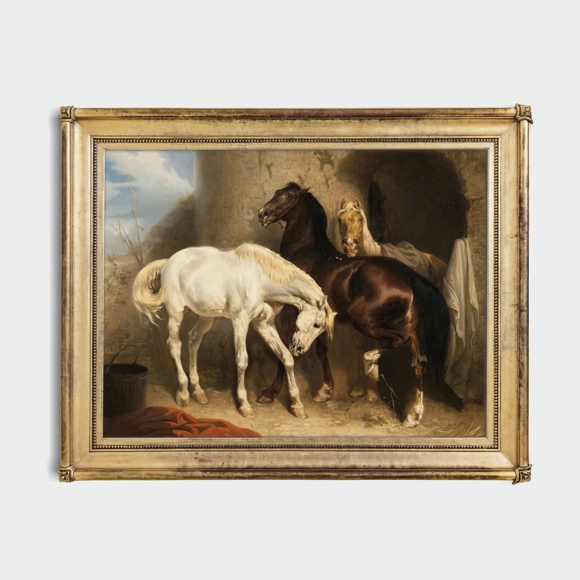 Three Horses Resting at a Rustic Old Stable Doorway Antique Poster - Image 2