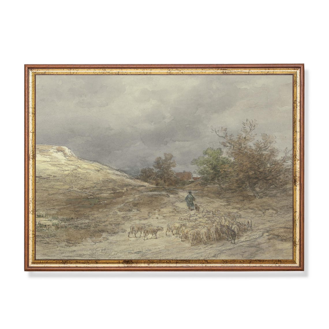 Shepherd With A Flock Of Sheep On The Moor Watercolor Poster