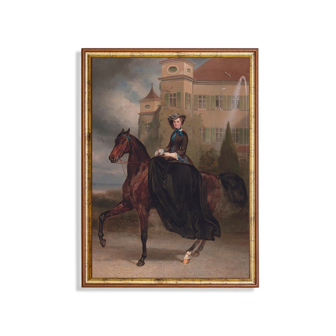 Victorian Lady Sidesaddle on Chestnut Horse Equestrian Portrait Print