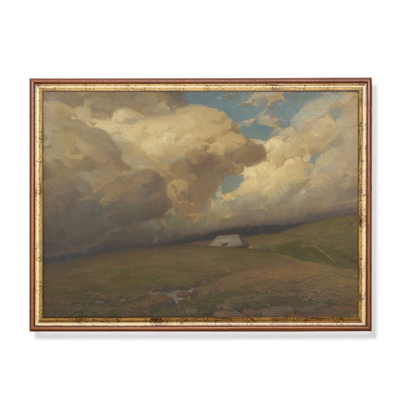 Print And Ship Vintage Landscape Painting Antique Nature Print Mailed Art Farmhouse Decor Rustic Vintage Home Decor Clouds Art