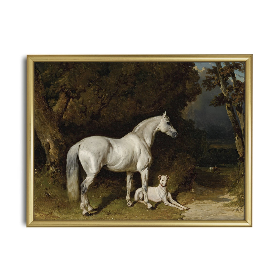 White Horse with Greyhound in Dark Woods Vintage Equestrian Poster - Image 2