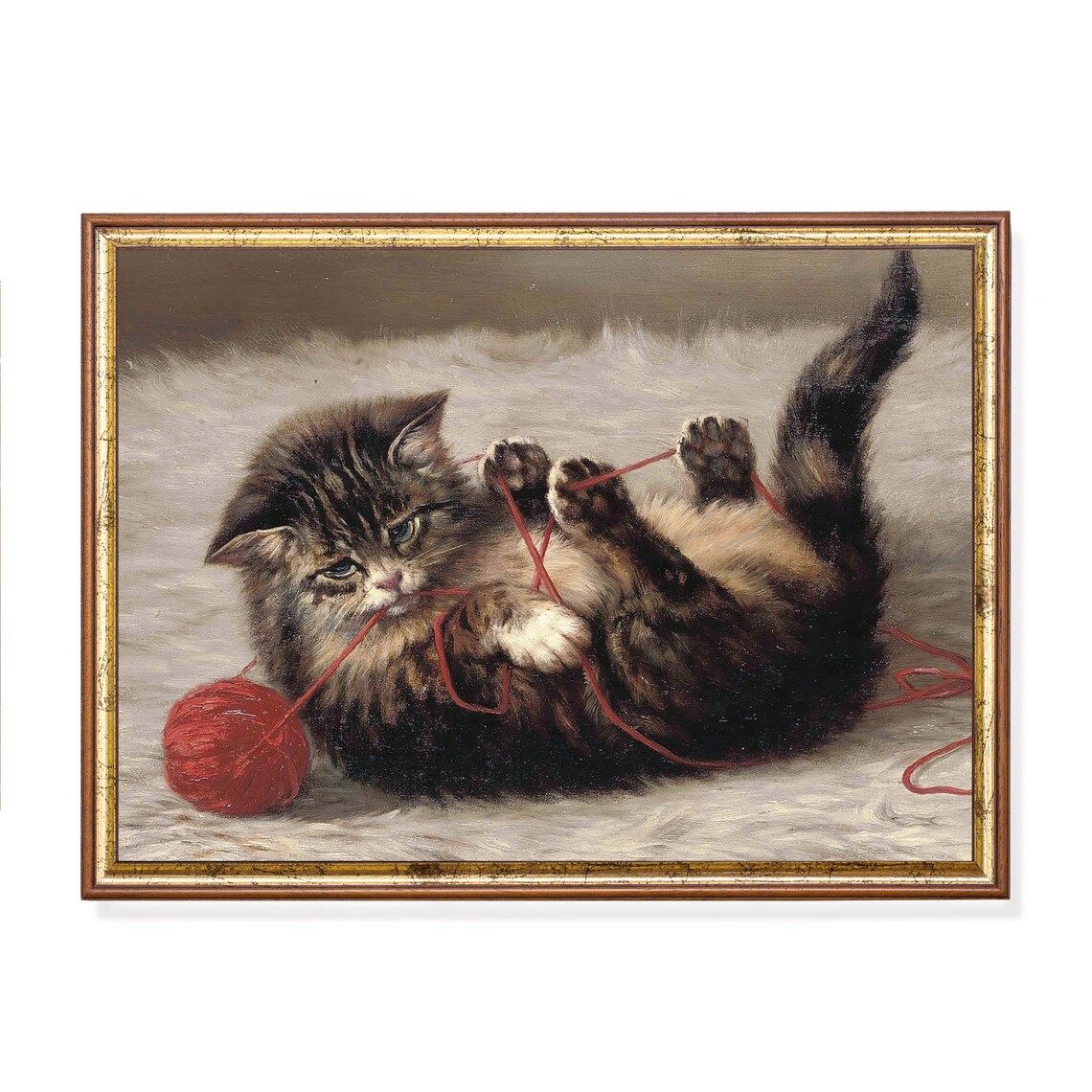 Tabby Kitten Playing With a Red Ball of Yarn Vintage Cat Painting Poster