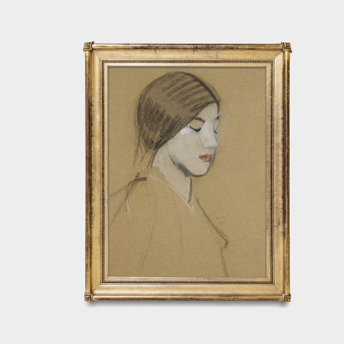 Sketch Portrait of a Woman in Profile Tan Background Vintage Poster - Image 3