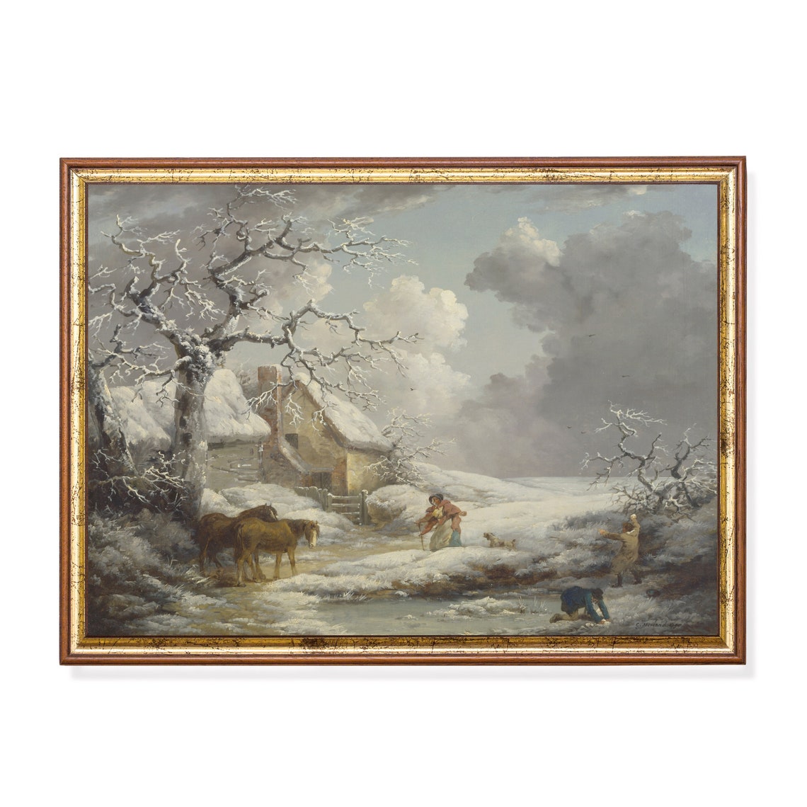 Snowy Cottage Village Winter Scene Children Playing Vintage Poster