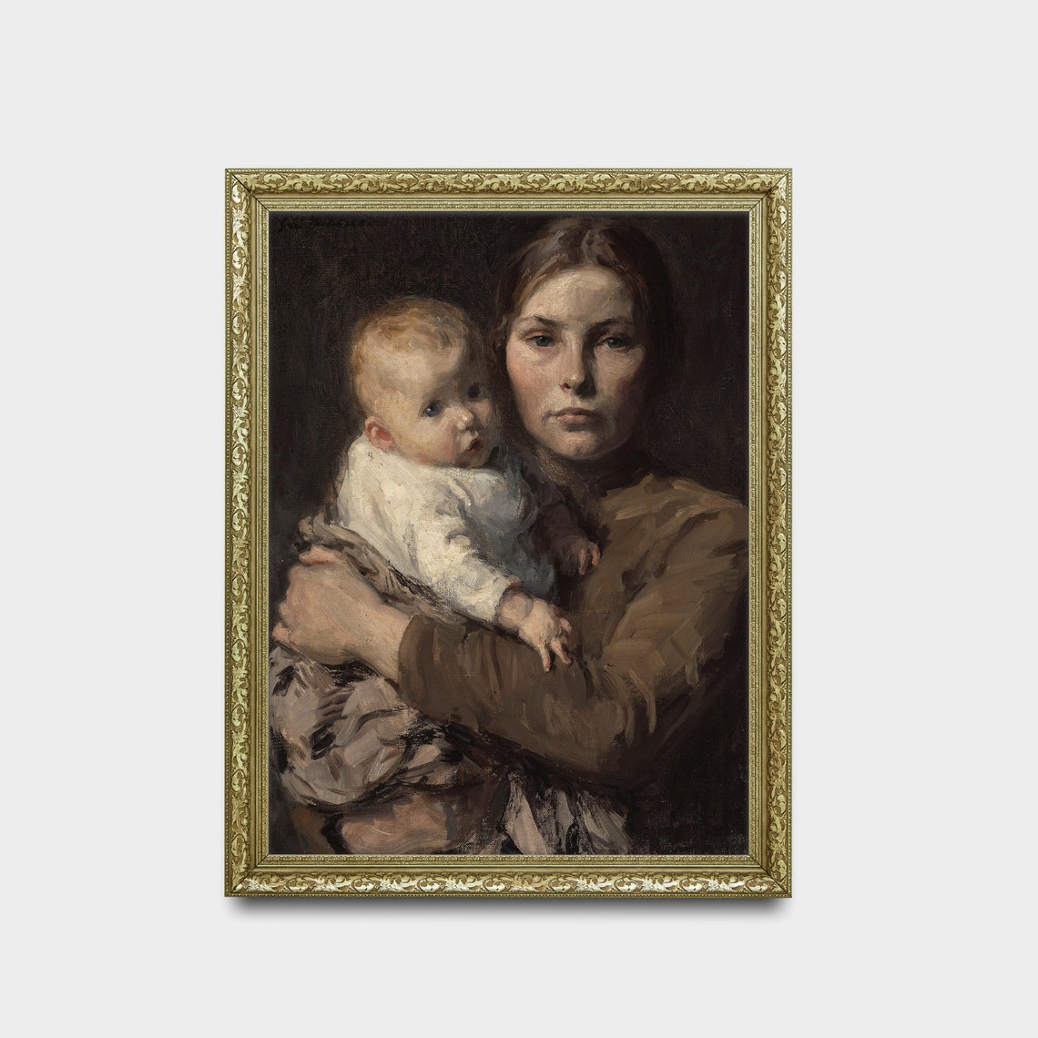 Mother Holding Her Child Moody Antique Portrait Painting Poster - Image 2