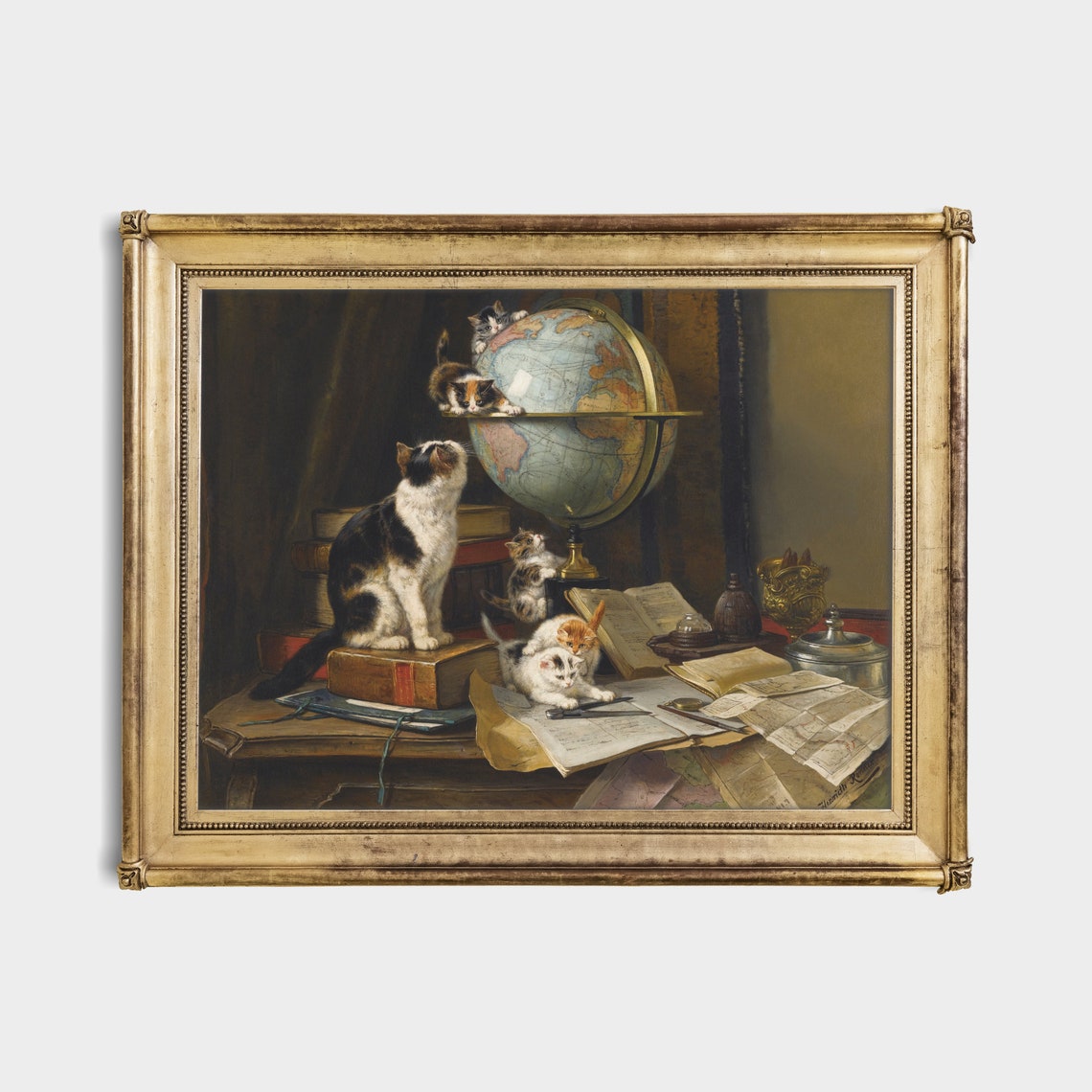 Kittens Playing With a Globe on a Scholar's Desk Vintage Poster