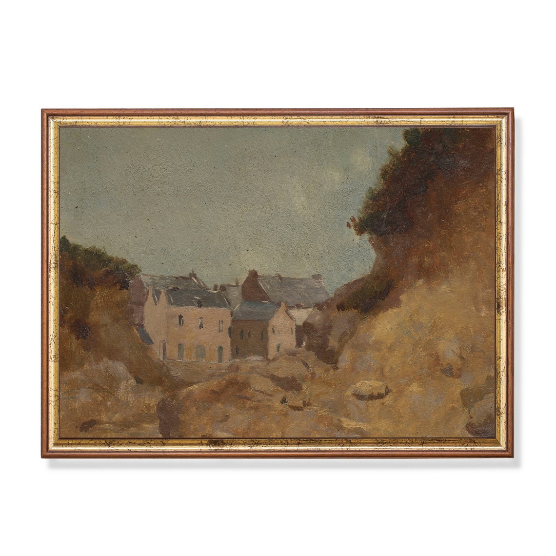 Coastal Cottages Among Cliffs in Warm Ochre Tones Vintage Poster