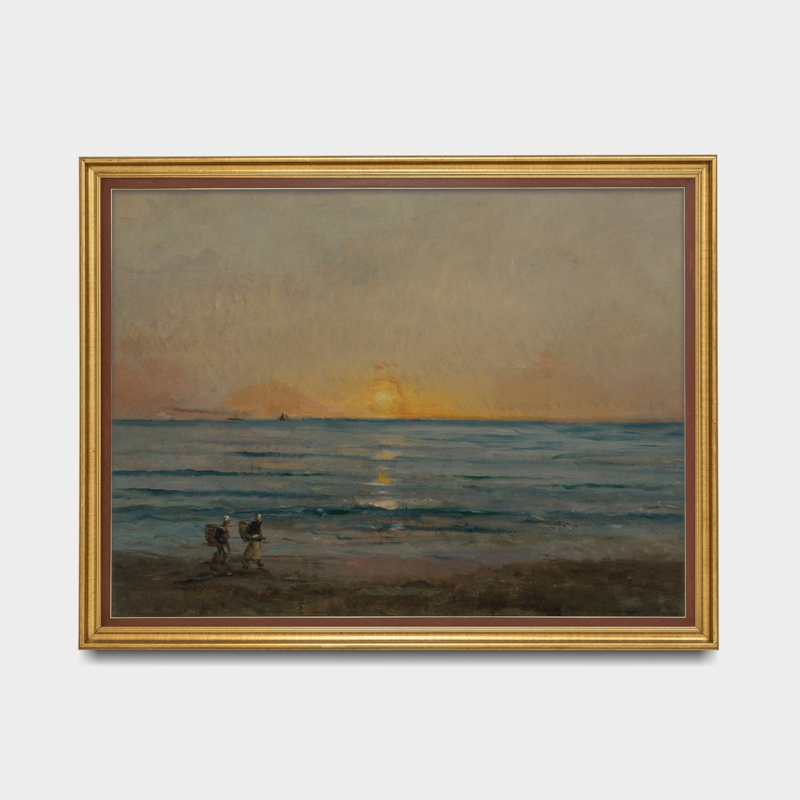 Two Small Figures Walking Along the Beach at Sunset Vintage Poster - Image 3