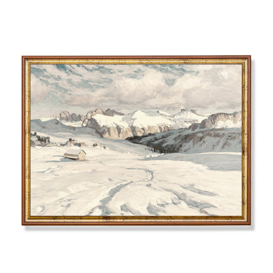 Snowy Alpine Mountain Valley with Lone Cabin Vintage Winter Poster
