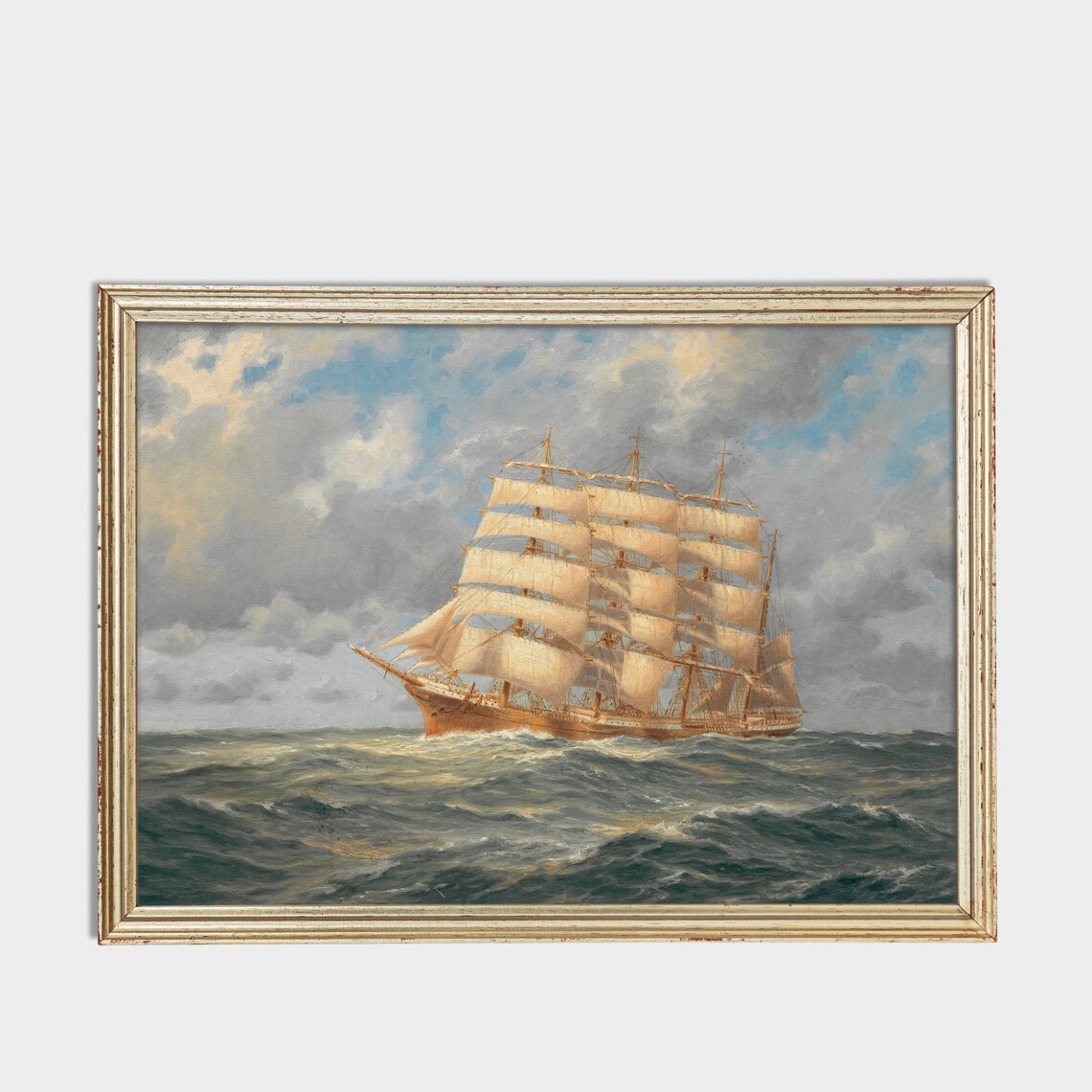 Full Rigged Tall Ship Sailing Stormy Seas Marine Oil Painting Poster - Image 3