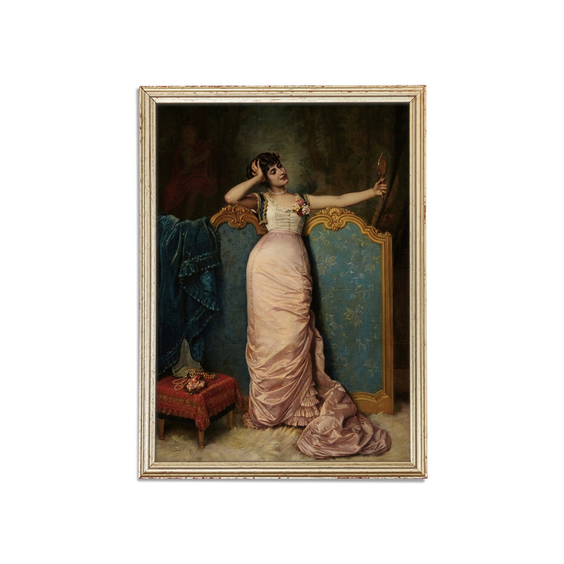 Elegant Woman Holding a Hand Mirror in a Pink Silk Gown Poster - Image 3