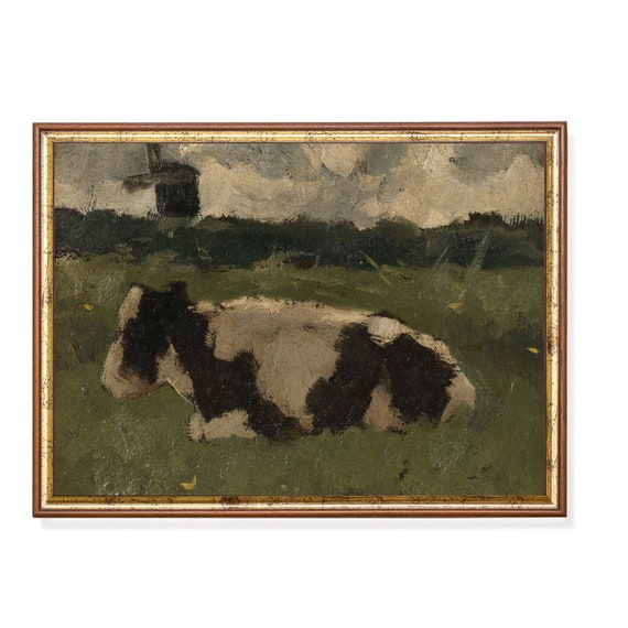 Vintage Cow Painting Antique Animal Print Resting Cow Near Mill Moody Rustic Oil Painting Print Wall Art