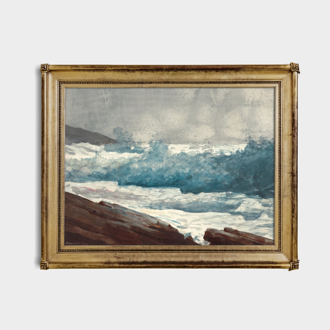 Crashing Ocean Waves Watercolor Coastal Seascape Antique Poster - Image 3