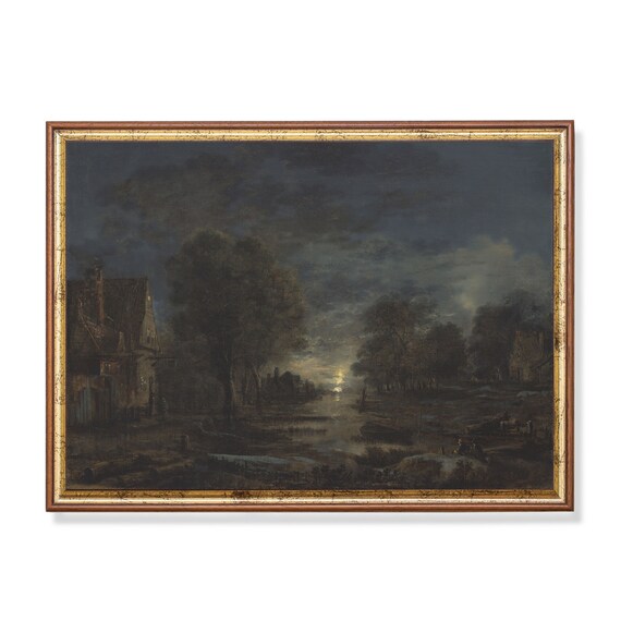 Moonlit Village by a Still River at Night Dark Romantic Painting Poster