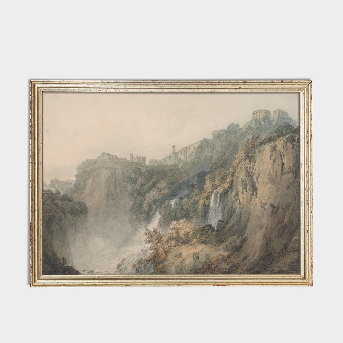 Clifftop Ruins Above Waterfalls in Rocky Gorge Watercolor Poster - Image 2
