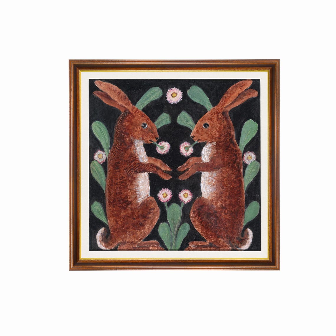 Two Hares Mirrored Folk Art Painting Whimsical Animal Poster