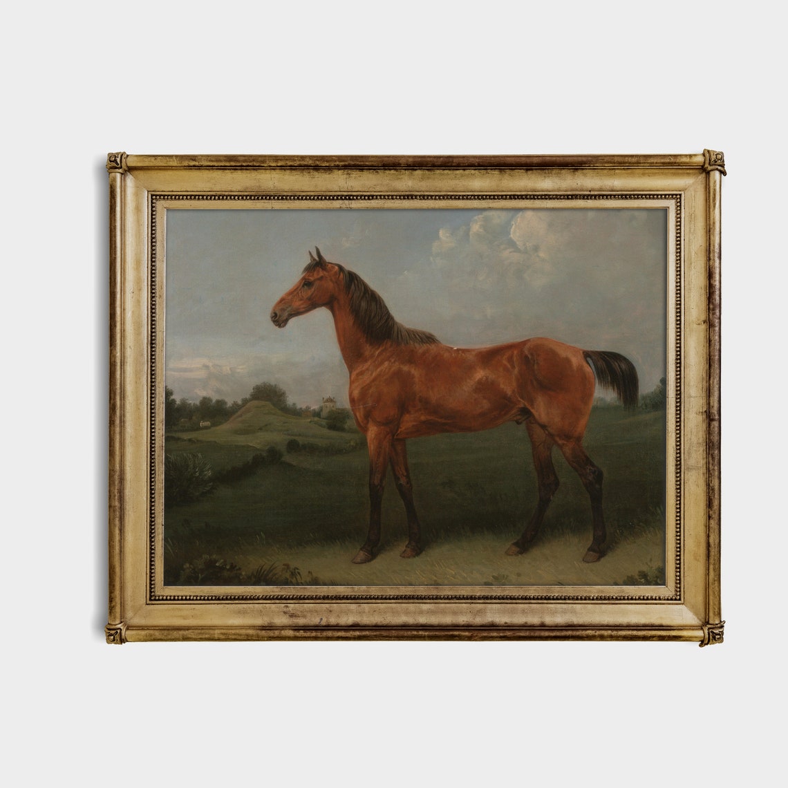 Chestnut Horse Standing in a Green Field Antique Portrait Poster - Image 4