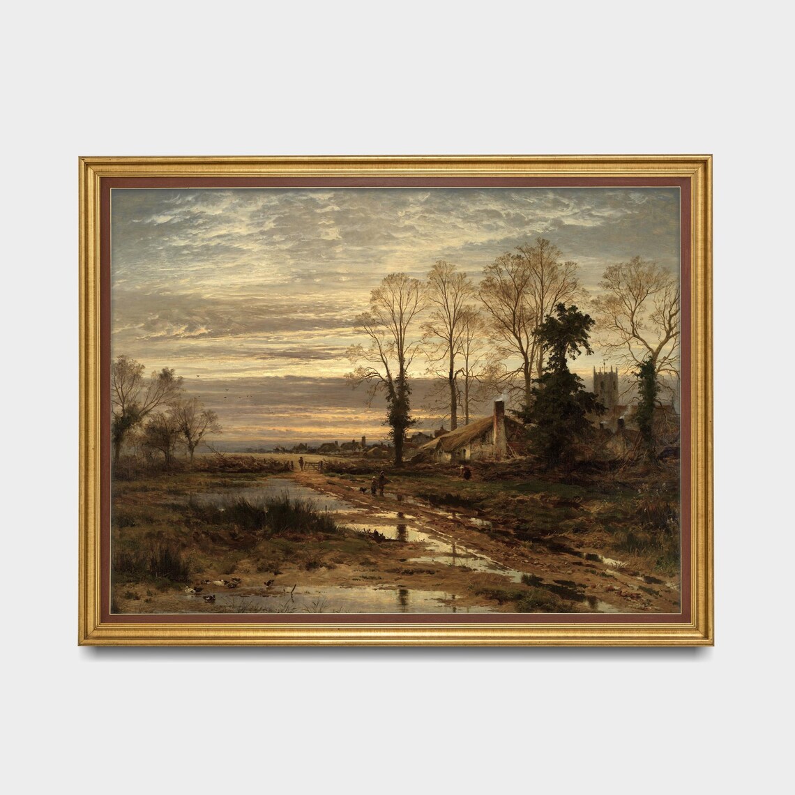 Village at Dusk with Pond and Church Tower Vintage Art Poster - Image 5
