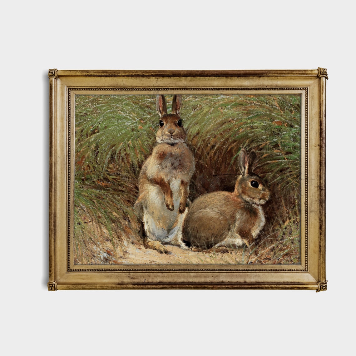 Two Rabbits by a Burrow in Tall Grass Antique Animal Art Poster - Image 4