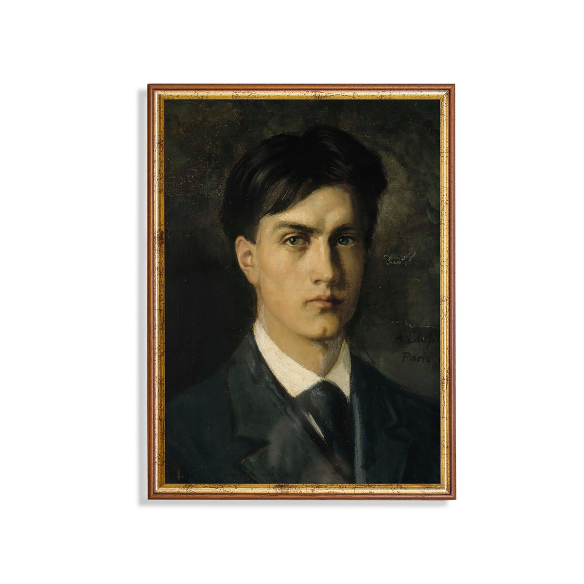 Young Dark-Haired Gentleman Signed Paris Antique Portrait Poster
