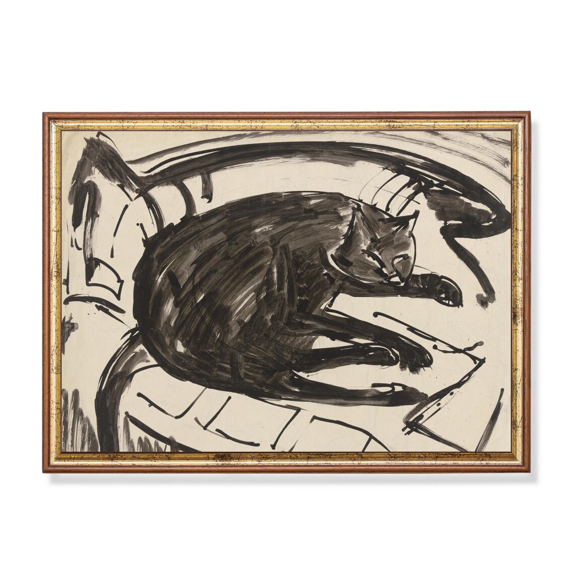 Vintage Sleeping Cat Sketch, Neutral Nursery Art Print