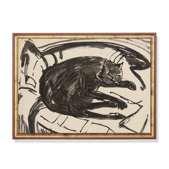 Vintage Sleeping Cat Sketch, Neutral Nursery Art Print