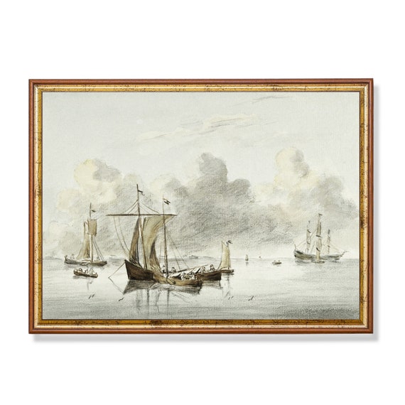 Vintage Seascape Print Antique Sailing Boat Art Muted Nautical Decor Wall Art Ocean Ship Fine Print