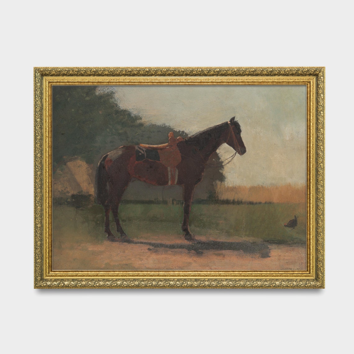 Saddled Bay Horse Standing in a Quiet Pasture Painting Poster - Image 3