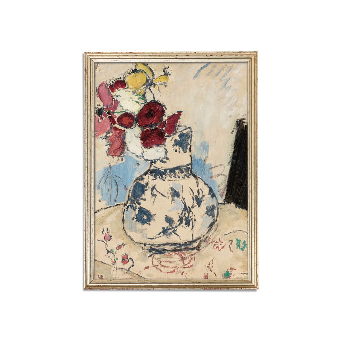 Red and Pink Bouquet in a Blue and White Vase Still Life Art Poster - Image 3