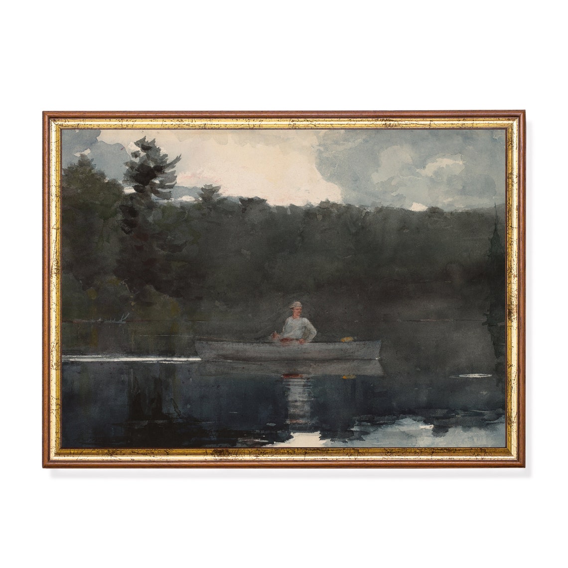 Lone Fisherman in a Canoe at Dusk on a Pine Lake Vintage Poster