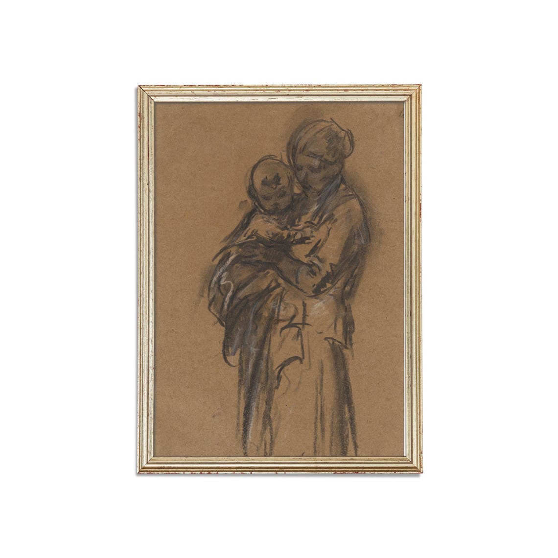 Mother Tenderly Holding Her Child Charcoal Sketch Vintage Poster - Image 3