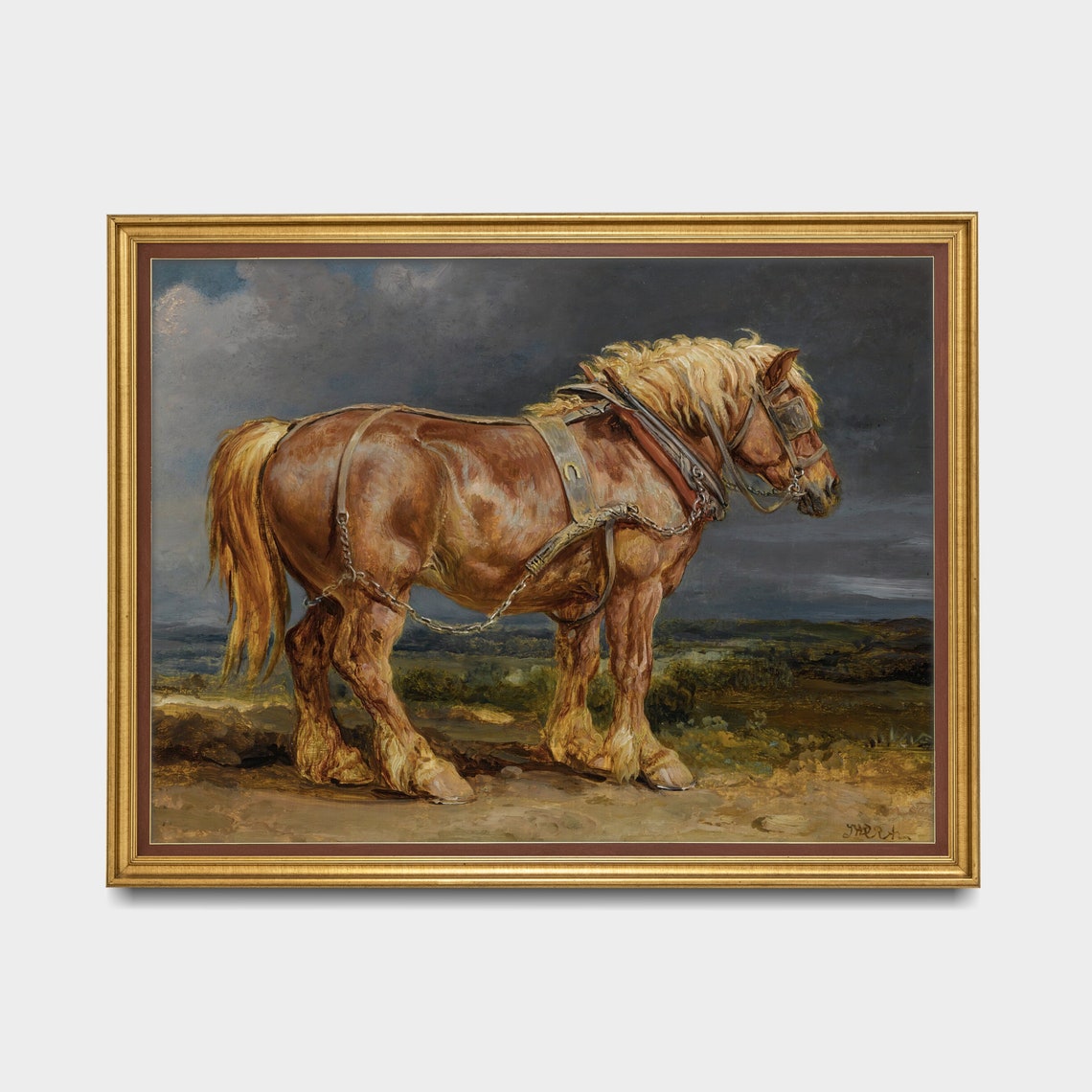 Chestnut Draft Horse in Harness Standing on a Hillside Animal Poster - Image 3