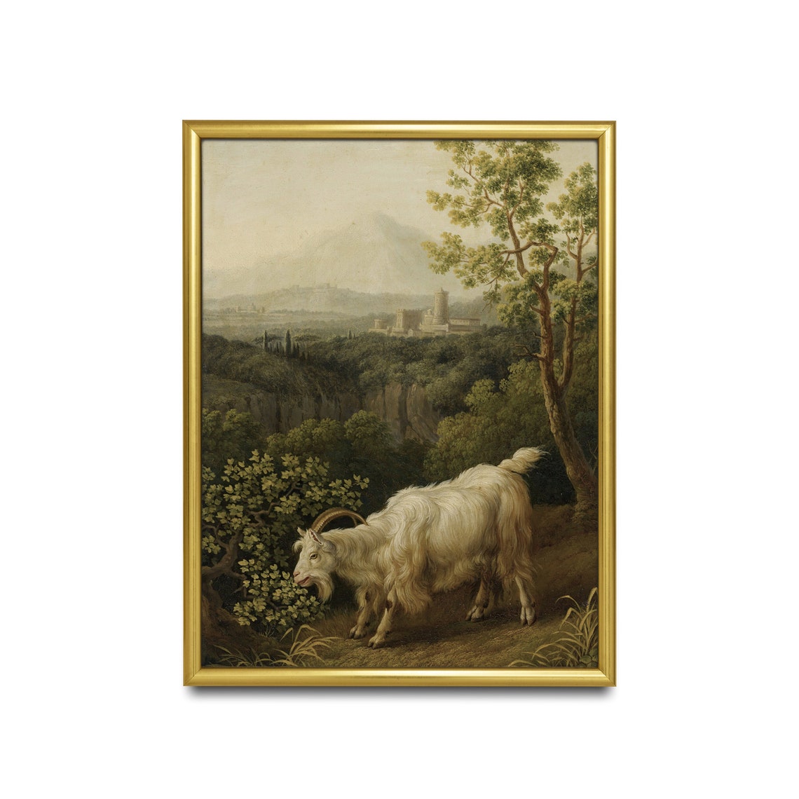 White Goat in Italian Valley Landscape with Castle Antique Poster - Image 2