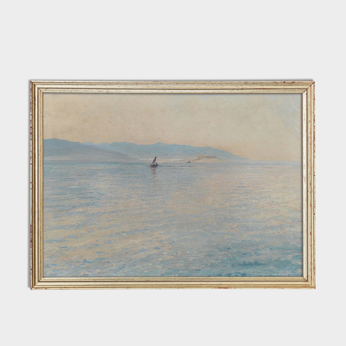 Lone Sailboat On Calm Misty Sea With Distant Hills Minimal Poster - Image 2