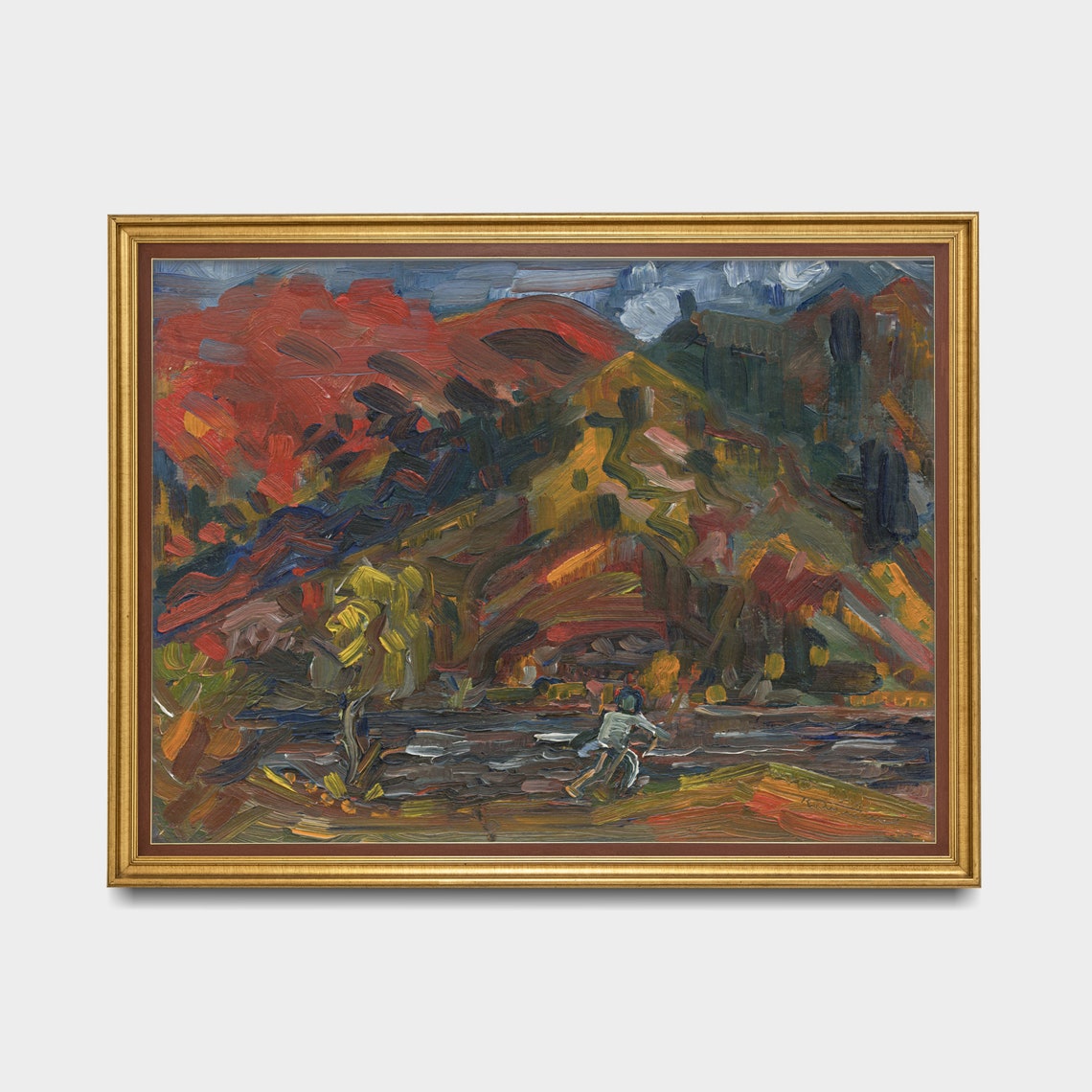 Fauvist Fiery Red Mountains With a Lone Figure by Water Poster - Image 2