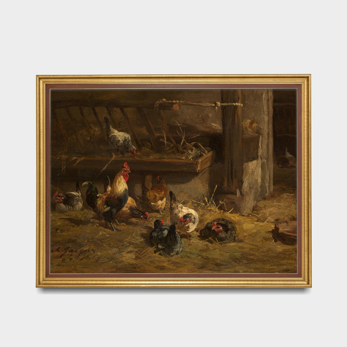 Rooster and Hens in Barnyard Vintage Farm Animal Painting Poster - Image 3