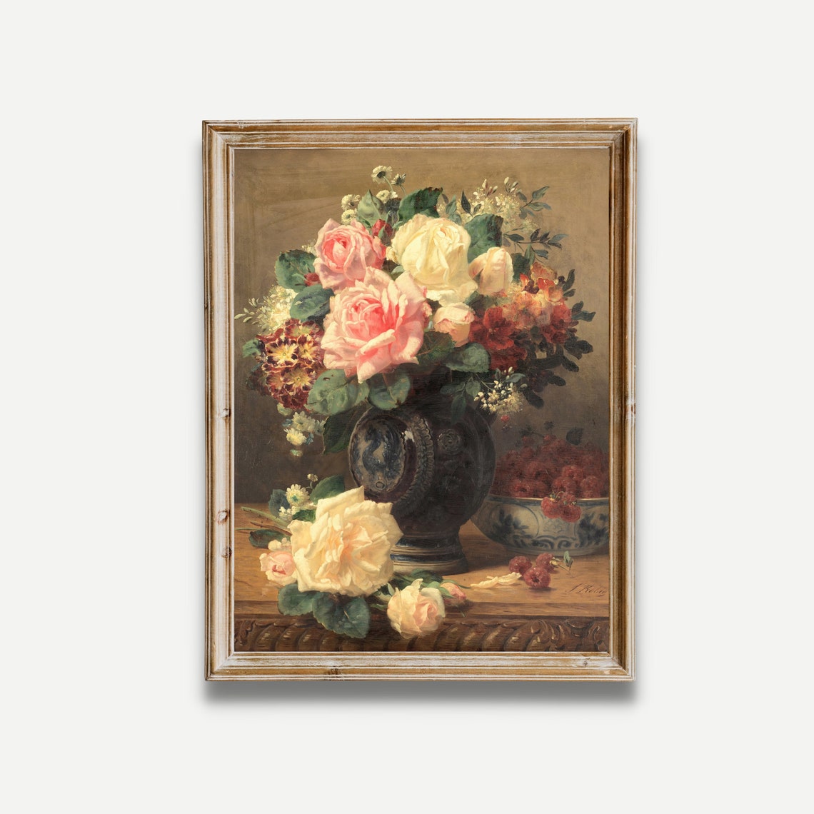Roses and Raspberries Still Life Vintage Floral Oil Painting Poster - Image 3