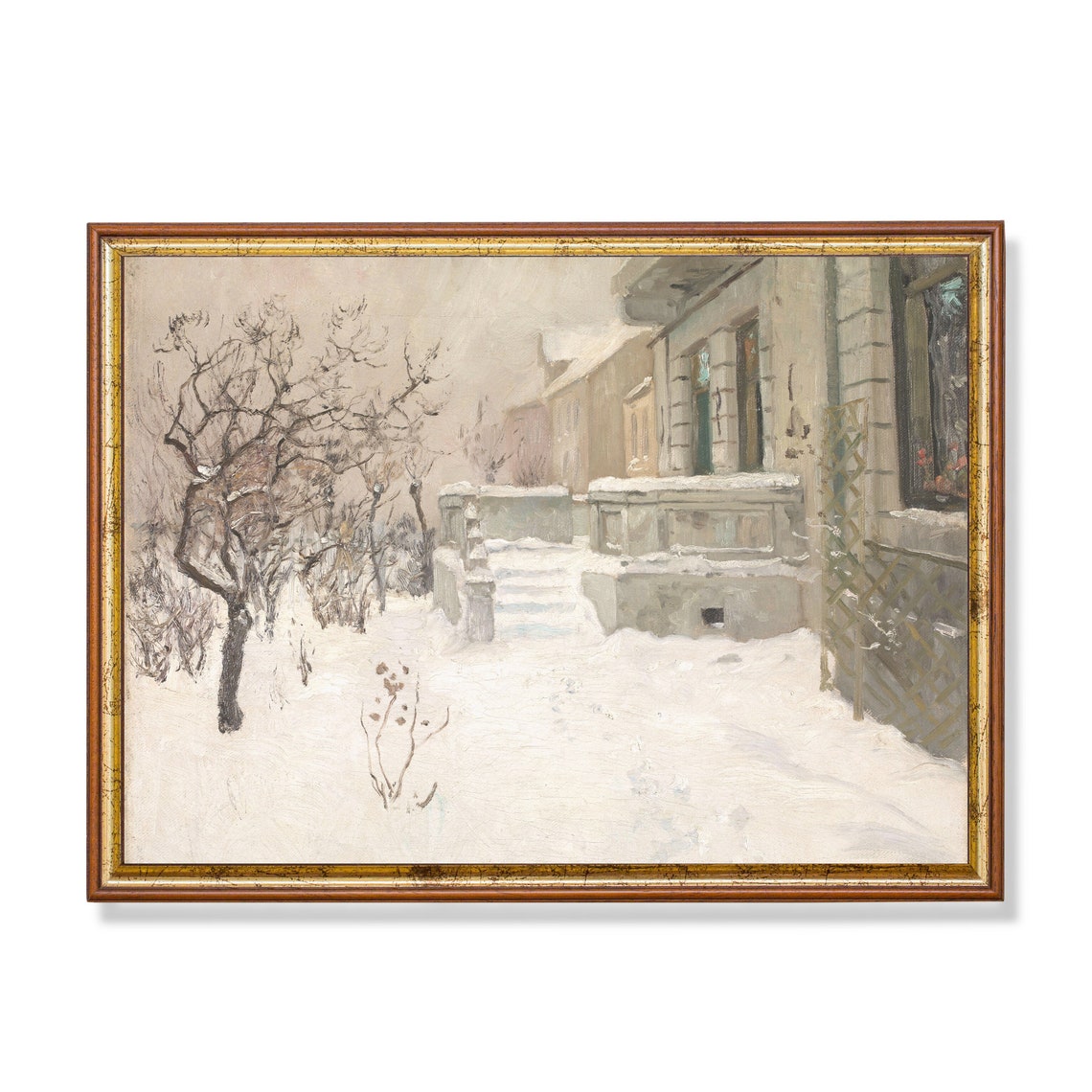 Snow Covered Stone Terrace Garden House Winter Painting Poster