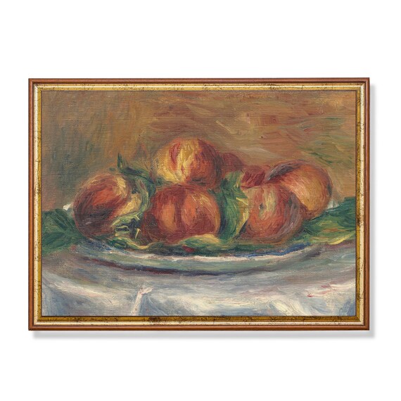 Vintage Still Life With Peaches Antique Fruits Painting Wall Art Farmhouse Kitchen Decor Oil Painting