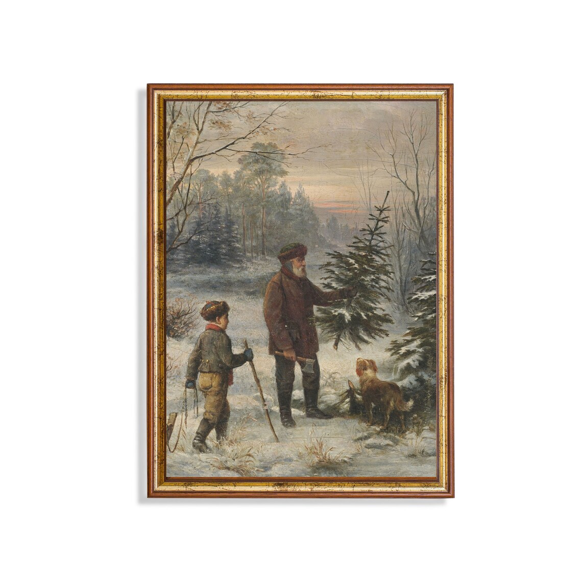 Vintage Winter Forest Father and Son Art Print