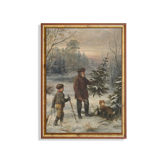 Vintage Winter Forest Father and Son Art Print