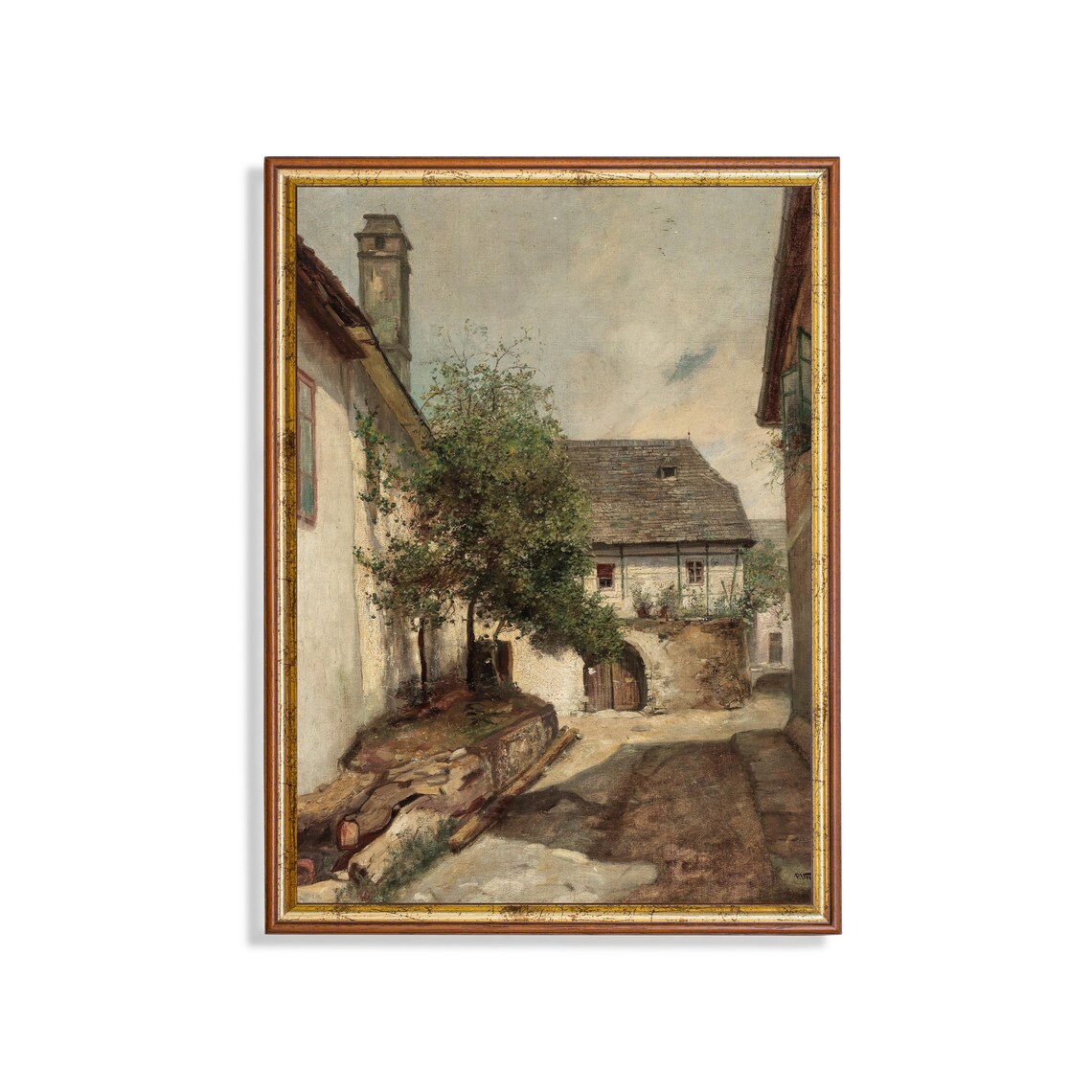 Old European Courtyard Between Stone Houses Vintage Village Art Poster
