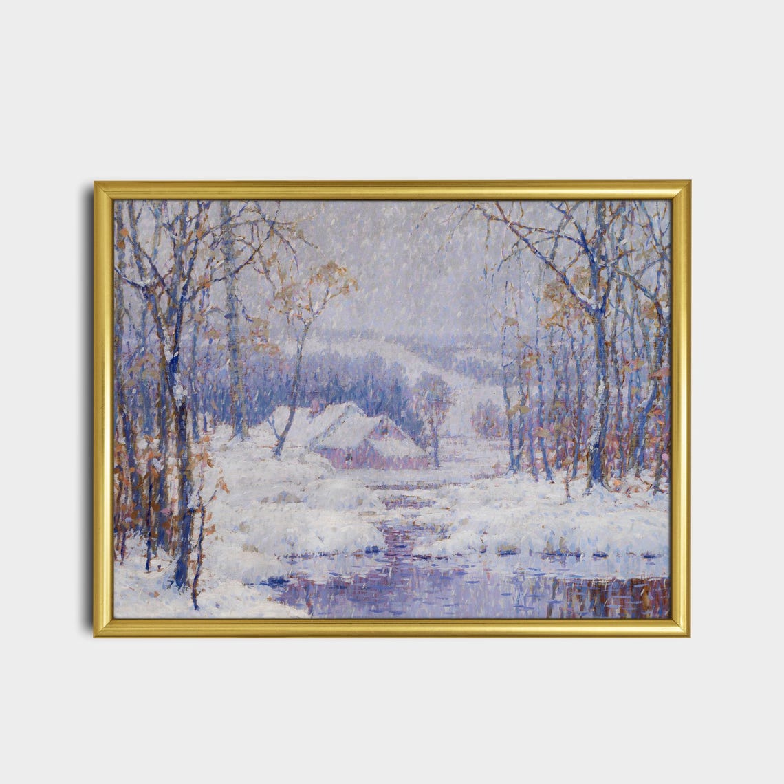 Snowy Cabin Stream Impressionist Winter Landscape Art Poster - Image 2