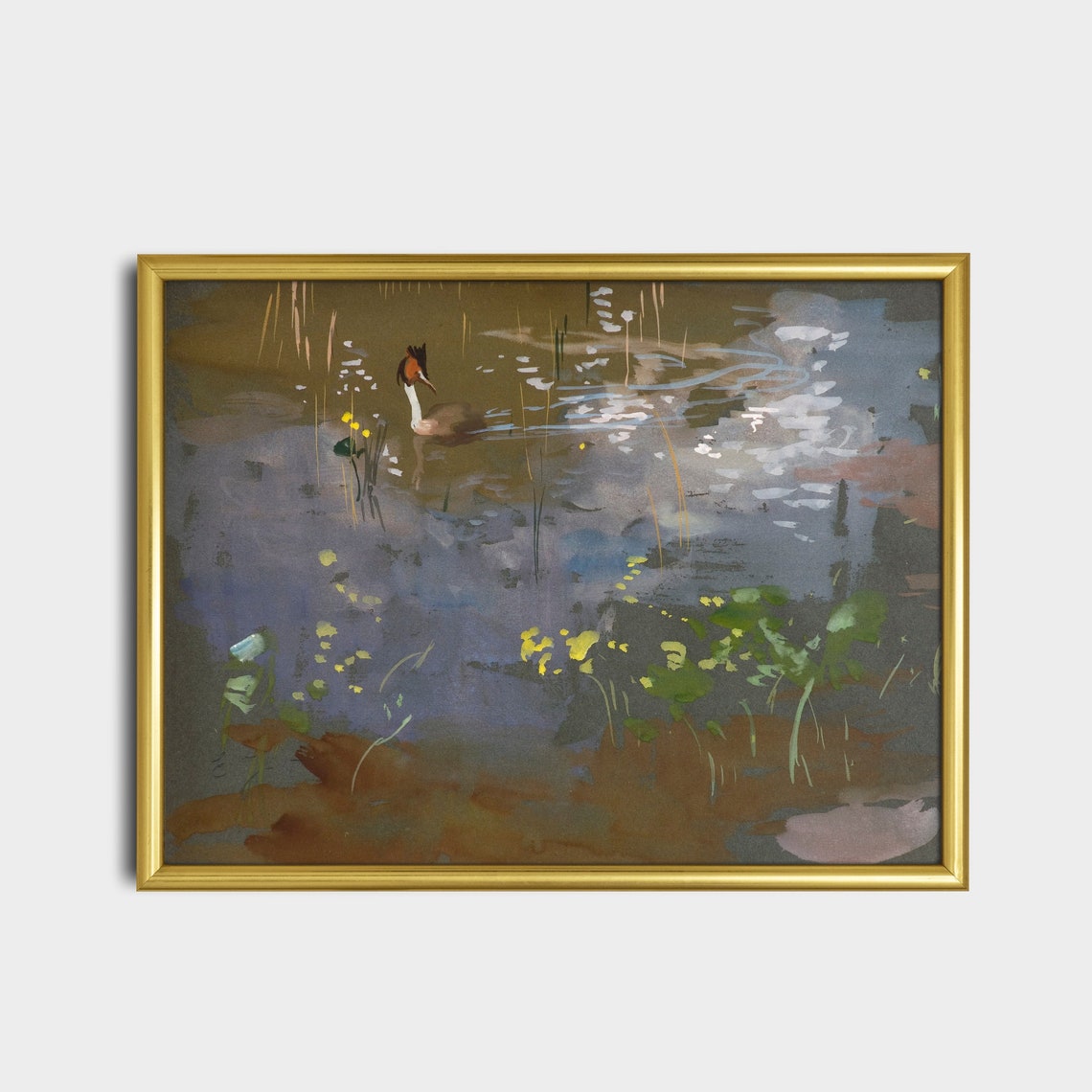 Crested Grebe Gliding Through Water Lilies and Reeds Vintage Poster - Image 2