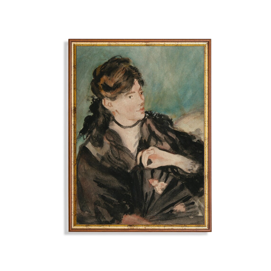 Young Woman Holding a Fan Antique Watercolor Portrait Poster
