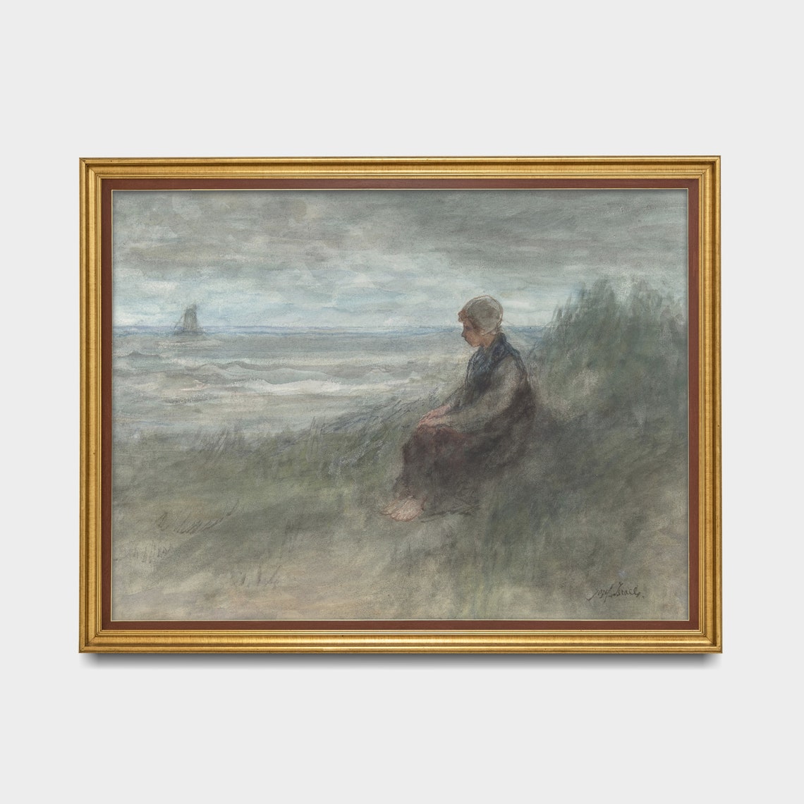 Barefoot Woman Seated in Coastal Dunes Impressionist Painting Print - Image 5