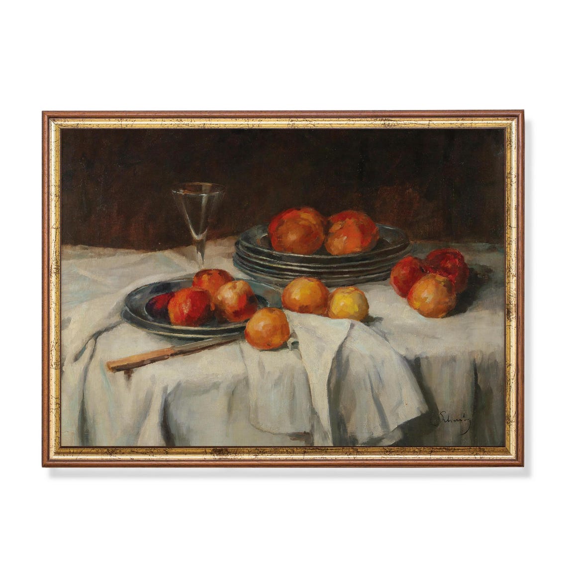 Apples and Wineglass Still Life on a White Tablecloth Poster